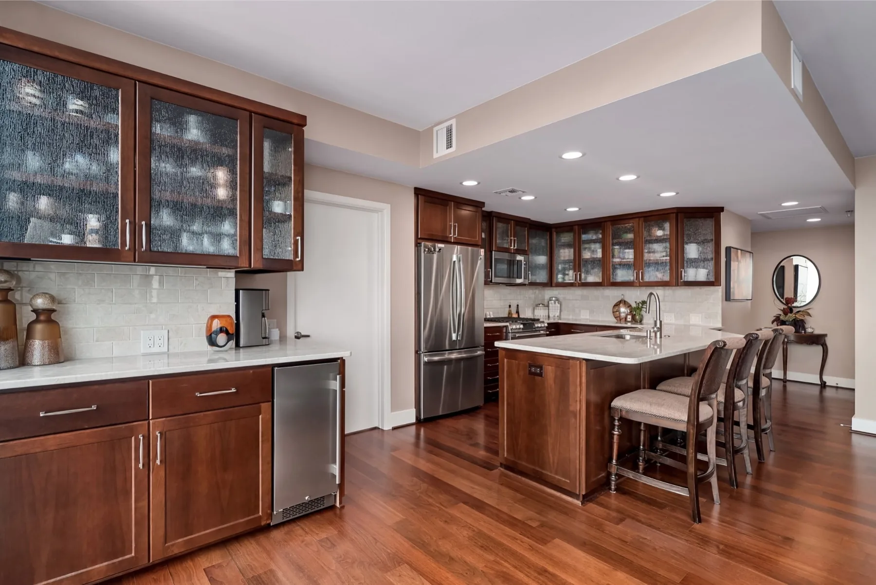 The Lake Austin craftsman kitchen remodel with warm wood cabinetry
